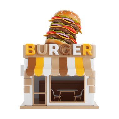 Beyaz arka planda çizgi film Burger Shop Fast Food Building Icon. 3d Hazırlama