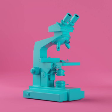 Mavi Modern Altın Labaratuvar Mikroskobu, pembe arka planda Duotone Tek Krom Stili. 3d Hazırlama