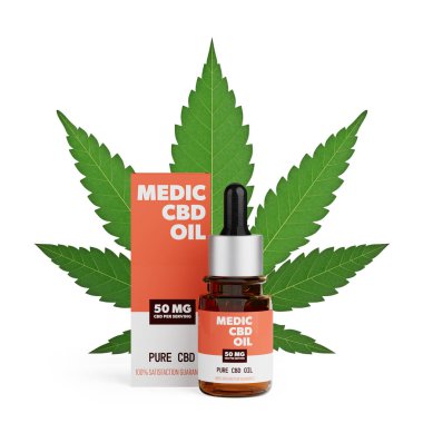 Tıbbi Marihuana 'nın önünde ambalaj kutusu ya da beyaz bir arka planda kenevir yaprağı bulunan soyut markalı CBD Göz damlası şişesi. 3d Hazırlama