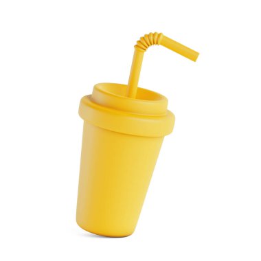 Sarı Soda Soft İçecek Çizgili Kupa Karikatür Simgesi Duotone Clay Monokrom Tarzı ile beyaz arka planda. 3d Hazırlama