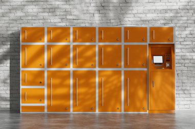 Orange Delivery Automat Terminal Terminal Terminal Terminali Brick Wall 'un önünde. 3d Hazırlama