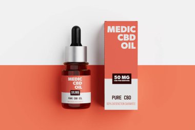 Soyut markalaştırma bitkisel eczacılık CBD Yağ Göz damlası şişesi beyaz ve turuncu arka planda ambalaj kutusu. 3d Hazırlama