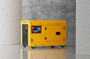 Big Yellow Outside Auxiliary Electric Power Generator Diesel Unit for Emergency Use in Big White Hall extreme closeup. 3d Rendering clipart