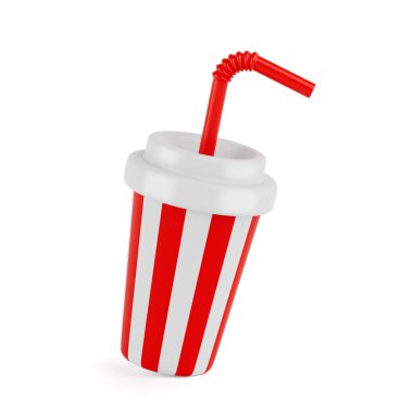 Soda İçeceği Çizgili Kupa Çizgili Çizgi Film Simgesi. Beyaz arka planda kırmızı kamış. 3d Hazırlama