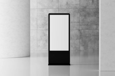 Blank Trade Show LCD Screen Display Stand as Template for Your Design in Big White Hall extreme closeup. 3d Rendering clipart