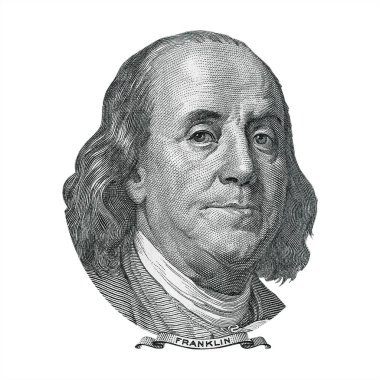 Banknottan bir element. Beyaz arka planda 100 Dolarlık banknot Bill 'den Benjamin Franklin Cut.