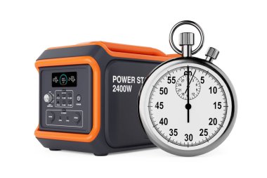 Yüksek Kapasite Taşınabilir Güç Jeneratörü İstasyonu ve beyaz arka planda Stopwatch var. 3d Hazırlama 