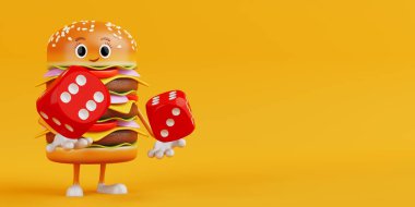 Cartoon Premium Delicious Burger Icon Person Character Mascot with Red Game Dice Cubes in Flight on a yellow background. 3d Rendering  clipart