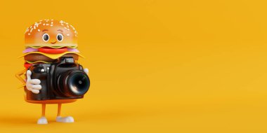Çizgi film Lezzetli Burger Simgesi Kişisi Maskotu. Sarı arka planda Modern Dijital Fotoğraf Kamerası var. 3d Hazırlama 