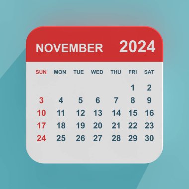 Düz Simge Takvimi Kasım 2024 mavi arka planda. 3d Hazırlama