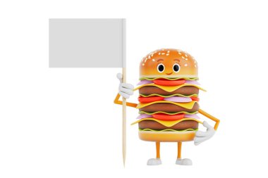 Çizgi film Lezzetli Burger Lezzetli Kişi Simgesi Karakteri Maskotu ve beyaz arka planda tasarımın için boş alanı olan beyaz bayrak. 3d Hazırlama 