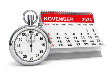 2024 Kasım takvimine göre Kronometre beyaz arka planda. 3d oluşturma