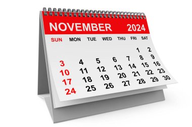 2024 Kasım takvimi beyaz arka planda. 3d Hazırlama