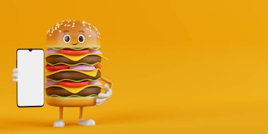 Çizgi film: Lezzetli Burger Simgesi Kişisi Maskotu ve Modern Mobil Telefon. Sarı arka planda Tasarımınız İçin Boş Ekran. 3d Hazırlama 