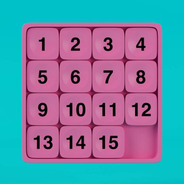 Pink Pocket Sliding Fifteen Rebus Puzzle Game Numbers Chips in Duotone Style on a blue background. 3d Rendering  clipart