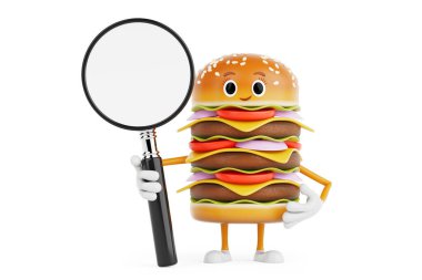 Çizgi film Lezzetli Burger Simgesi Kişisi Maskotu. Beyaz arka planda büyüteç var. 3d Hazırlama 