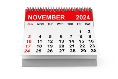 2024 Kasım takvimi beyaz arka planda. 3d Hazırlama