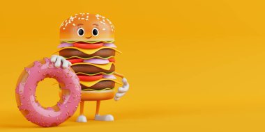 Çizgi film Lezzetli Burger Burger Simgesi Karakteri Maskotu, sarı arka planda Büyük Çilekli Pembe Donut. 3d Hazırlama 