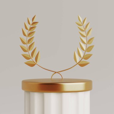 Beyaz arka planda Altın Laurel Galibi Birincilik Sahnesi Modeli. 3d Hazırlama 