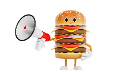 Çizgi film Lezzetli Burger Simgesi Karakteri Maskotu. Beyaz arka planda Red Retro Megaphone var. 3d Hazırlama 