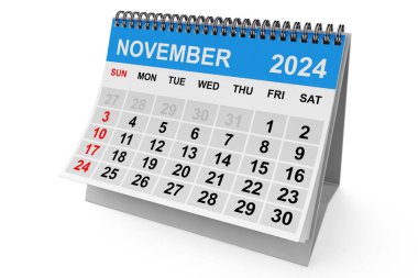 2024 Kasım takvimi beyaz arka planda. 3d Hazırlama