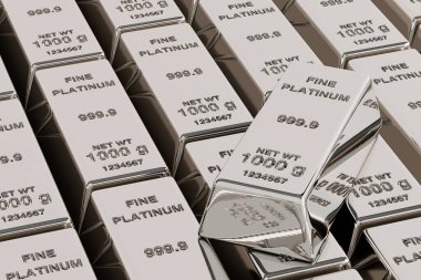 Rows of Fine Platinum Bars with One on Top extreme closeup. 3d Rendering  clipart