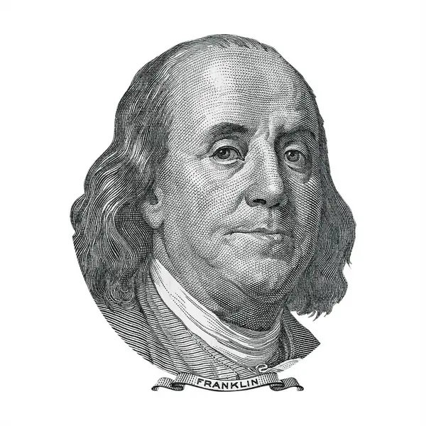 Banknottan bir element. Beyaz arka planda 100 Dolarlık banknot Bill 'den Benjamin Franklin Cut.