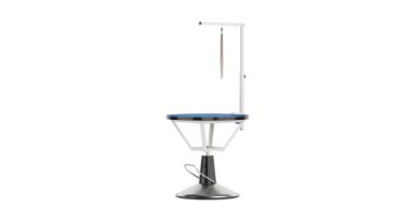 4k Çözünürlük Videosu: Mavi Sürgüsüz Yüzeyli Boş Profesyonel Hayvan Bakım Masası Alfa mat ile Beyaz Arkaplanda Dönen Döngüsü