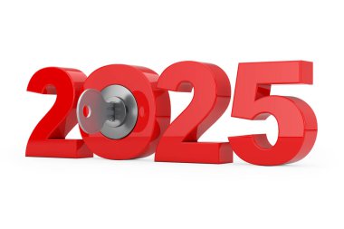 Beyaz arka planda anahtar olan yeni 2025 yılı tabelası. 3d Hazırlama