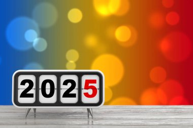 Ahşap bir masada 2025 yılbaşı tabelası olan Retro Saat. 3d Hazırlama
