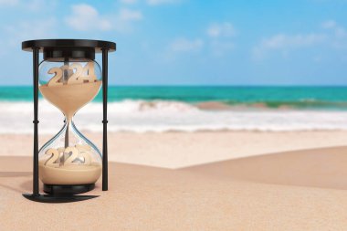 2025 Yeni Yıl Tatili Konsepti. Kum Saati 'nde Kum Düşüşü 2024' ten 2025 'e kadar Okyanus Terkedilmiş Sahilleri' nde aşırı yakın çekim yapmış. 3d Hazırlama