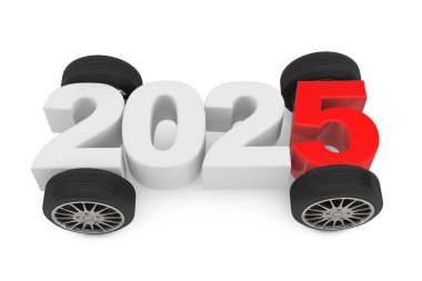 Beyaz arka planda araba tekerlekleri olan 2025 yıllık bir kavram. 3d Hazırlama
