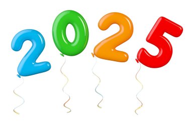Beyaz arka planda 2025 Yeni Yıl tabelası olarak çok renkli balonlar. 3d Hazırlama