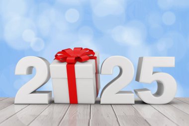 2025 Yeni Yıl Tabelası, hediye kutusu ve kırmızı kurdeleyle ahşap bir masada. 3d Hazırlama 