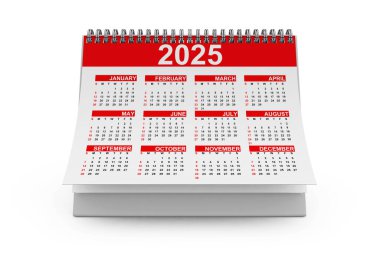 Beyaz arka planda 2025 Yıllık Masaüstü Takvimi. 3d Hazırlama