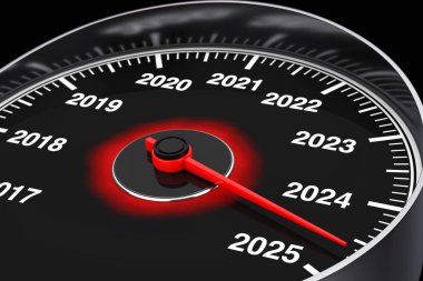 Siyah arka planda kavramsal 2025 yılbaşı hız göstergesi. 3d Hazırlama