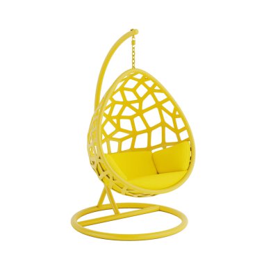 Beyaz arkaplanda Duotone Monochrome stilinde Çerçeve ve Yastıklı Yumurta Şeklinde Sarı Modern Asılı Sandalye. 3d Hazırlama 