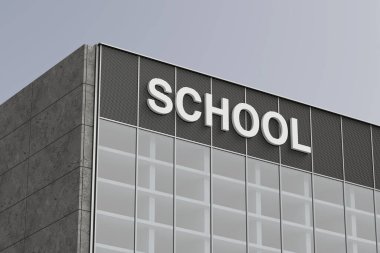 Gökyüzü zemininde Büyük Okul Tabelası olan Modern Okul Binası. 3d Hazırlama 