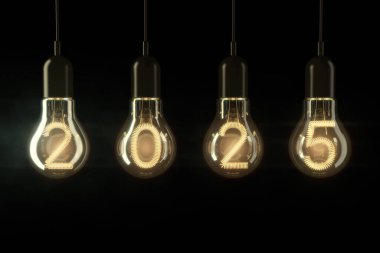 Ampuller siyah arka planda 2025 yılını aydınlattı. 3d Hazırlama. 