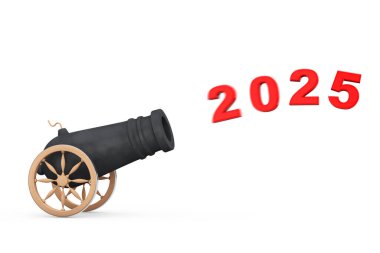 Beyaz arka planda Cannon 'dan 2025 Yıllık İşaret Atışı. 3d Hazırlama