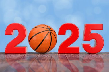 2025 Yeni Yıl Tabelası ve tahta bir masada basketbol topu. 3d Hazırlama 