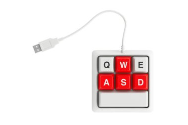 Small, Compact and Designed Specifically for Gaming White Keyboard with Red WASD Keys and a USB Cable is Shown Against a white background. 3d Rendering  clipart