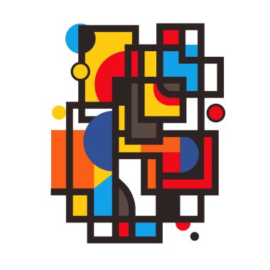 Kareler, Dikdörtgenler ve Çemberler dahil olmak üzere Geometrik Şekillerin bileşimi, soyut bir desen içinde düzenlenmiştir ve beyaz arkaplan üzerinde canlı bir palette renklendirilmiştir. 3d Hazırlama 