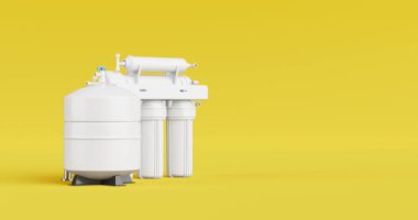 4k Çözünürlük Videosu: Sediment, Karbon, Ters Osmosis ve Cilalama filtreleri dahil olmak üzere Filtreleme Beş Aşamalı Su Filtreleme Sistemi, Su Tankı ve Alfa mat ile Beyaz Arkaplanda Dönen Bir Musluksuz Döngü