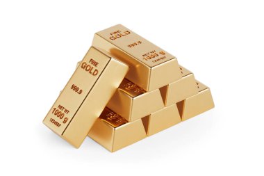 Beyaz arka planda bir yığın altın külçe. 3d Hazırlama