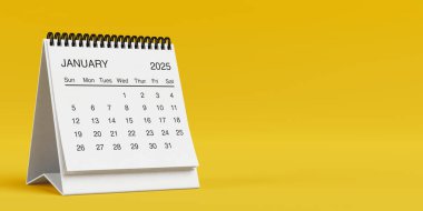 Beyaz Masa Aylık Ocak 2025 İş Takvimi sarı arka planda. 3d Hazırlama