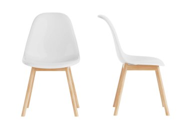 Beyaz arka planda tahta bacaklı Beyaz Modern Plastik Sandalye. 3d Hazırlama