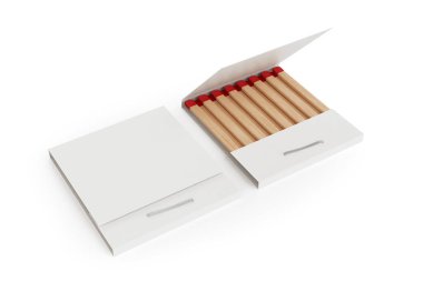 Beyaz arka planda kibritleri olan beyaz kitap kibrit kutusu. 3d Hazırlama