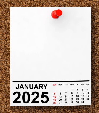 Calendar January 2025 on Blank Note Paper with Free Space for Your Text. 3d Rendering clipart