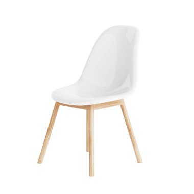 Beyaz arka planda tahta bacaklı Beyaz Modern Plastik Sandalye. 3d Hazırlama